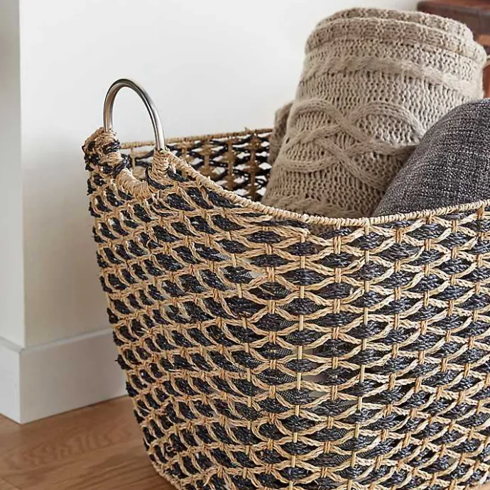 Kirklands Home Natural and Black Seagrass Diamond Weave Basket