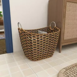 Kirklands Home Natural and Black Seagrass Diamond Weave Basket
