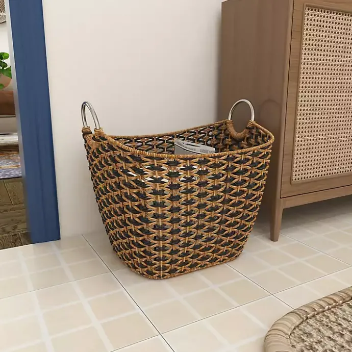 Kirklands Home Natural and Black Seagrass Diamond Weave Basket