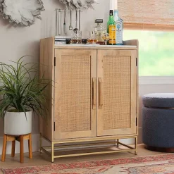 Best Kirklands Home Natural Marble Rattan Front Bar Cabinet