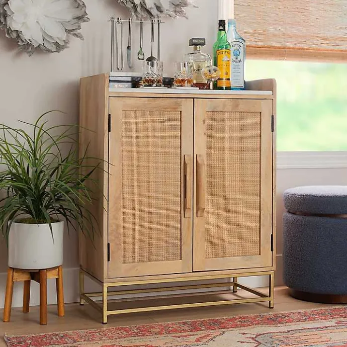 Best Kirklands Home Natural Marble Rattan Front Bar Cabinet