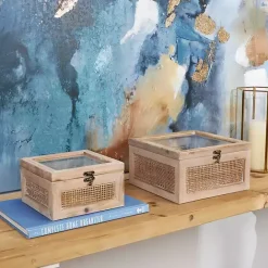 New Kirklands Home Natural Rat and Glass Top Boxes, Set of 2 Tan