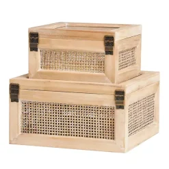 New Kirklands Home Natural Rat and Glass Top Boxes, Set of 2 Tan