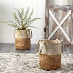 Sale Kirklands Home Natural Tan and White Jute Basket with Handles
