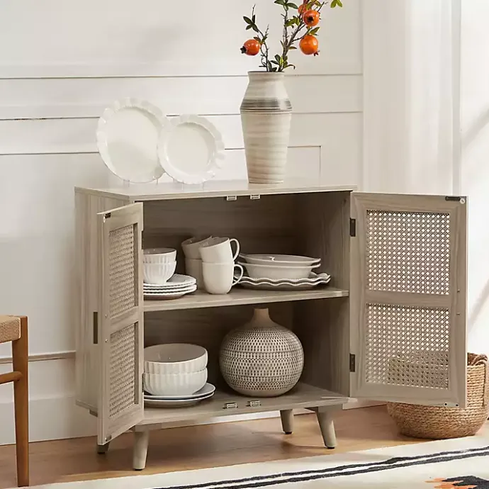Sale Kirklands Home Natural Wood and Rattan Carpinteria Cabinet Brown