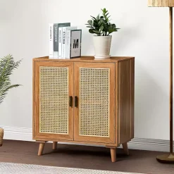 Sale Kirklands Home Natural Wood and Rattan 2-Door Cabinet Brown