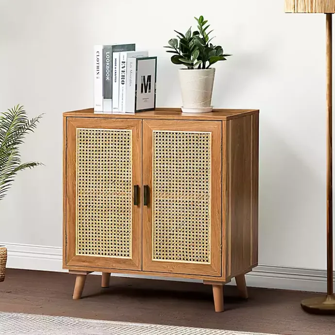 Sale Kirklands Home Natural Wood and Rattan 2-Door Cabinet Brown