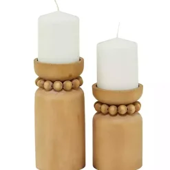 New Kirklands Home Natural Wood Beaded Candle Holders, Set of 2 Tan
