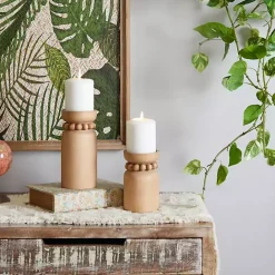 New Kirklands Home Natural Wood Beaded Candle Holders, Set of 2 Tan
