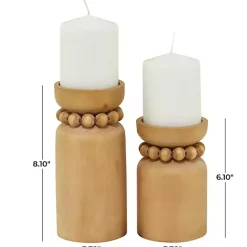 New Kirklands Home Natural Wood Beaded Candle Holders, Set of 2 Tan