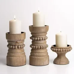 Outlet Kirklands Home Natural Wood Beaded 3-pc. Pillar Candle Holder Set Brown