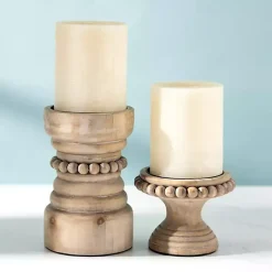 Hot Kirklands Home Natural Wood Beaded Pillar Candle Holder, 4 in. Brown