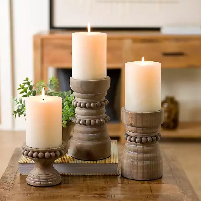Best Kirklands Home Natural Wood Beaded Pillar Candle Holder, 8 in. Brown