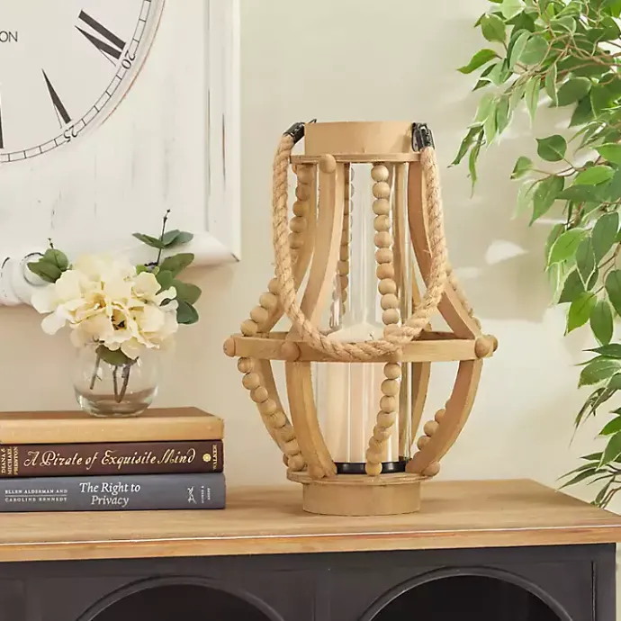 Clearance Kirklands Home Natural Wood Beaded Teardrop Lantern Tan