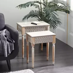 Sale Kirklands Home Natural Wood Carved Leaf Accent Tables, Set of 2