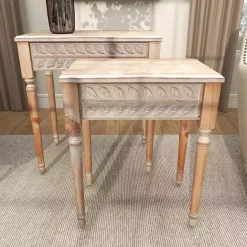 Sale Kirklands Home Natural Wood Carved Leaf Accent Tables, Set of 2