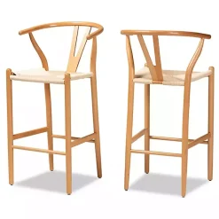 New Kirklands Home Natural Wood Woven Yarn Seat Bar Stools, Set of 2 Tan