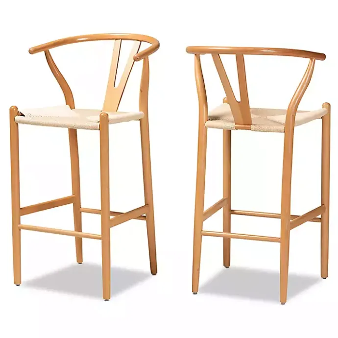 New Kirklands Home Natural Wood Woven Yarn Seat Bar Stools, Set of 2 Tan