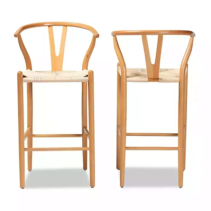 New Kirklands Home Natural Wood Woven Yarn Seat Bar Stools, Set of 2 Tan