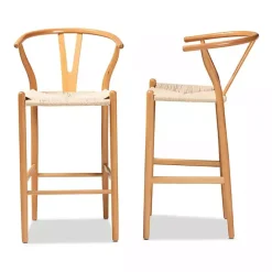 New Kirklands Home Natural Wood Woven Yarn Seat Bar Stools, Set of 2 Tan