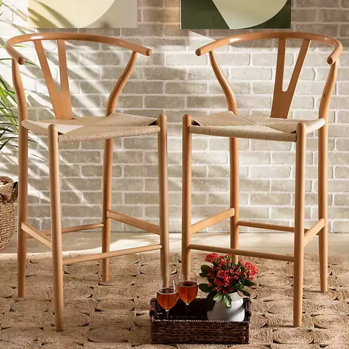 New Kirklands Home Natural Wood Woven Yarn Seat Bar Stools, Set of 2 Tan