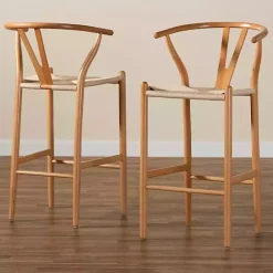 New Kirklands Home Natural Wood Woven Yarn Seat Bar Stools, Set of 2 Tan