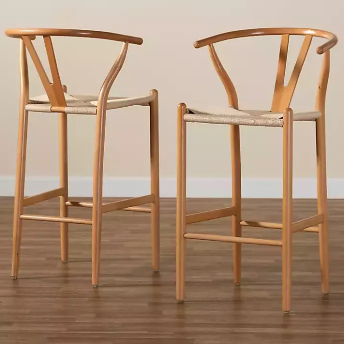 New Kirklands Home Natural Wood Woven Yarn Seat Bar Stools, Set of 2 Tan
