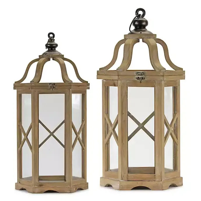 Hot Kirklands Home Natural Wood X-Frame Lanterns, Set of 2 Tan
