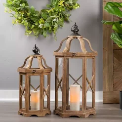 Hot Kirklands Home Natural Wood X-Frame Lanterns, Set of 2 Tan