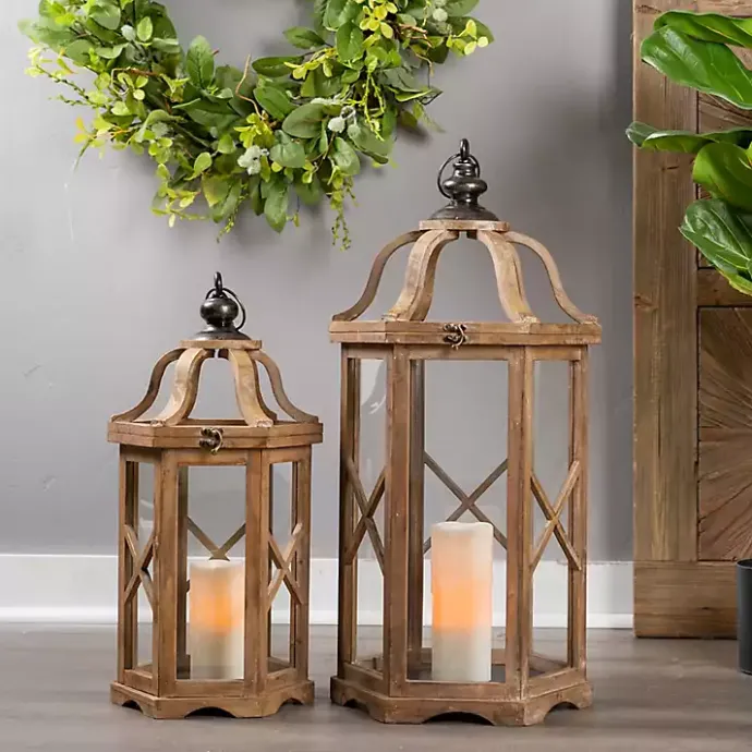 Hot Kirklands Home Natural Wood X-Frame Lanterns, Set of 2 Tan