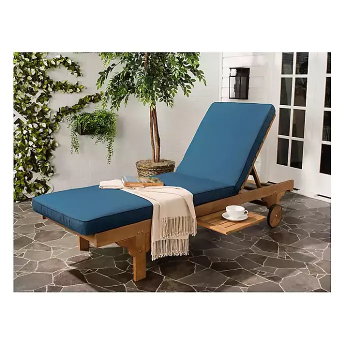 New Kirklands Home Natural Wooden Chaise with Table and Navy Cushion Blue