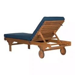 New Kirklands Home Natural Wooden Chaise with Table and Navy Cushion Blue