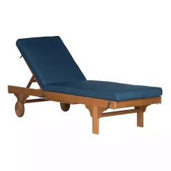 New Kirklands Home Natural Wooden Chaise with Table and Navy Cushion Blue