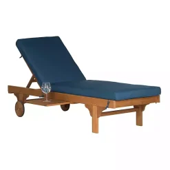 New Kirklands Home Natural Wooden Chaise with Table and Navy Cushion Blue