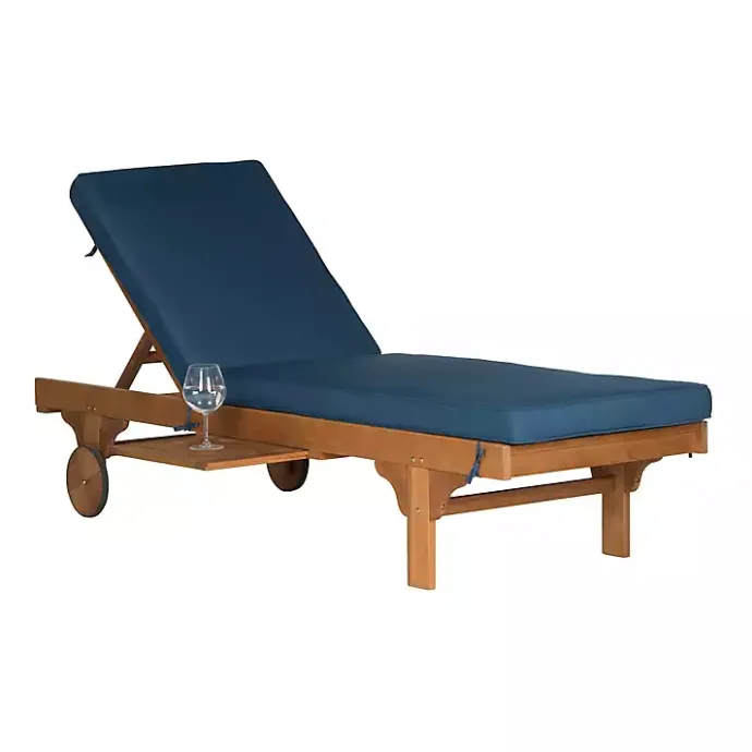 New Kirklands Home Natural Wooden Chaise with Table and Navy Cushion Blue