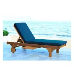 New Kirklands Home Natural Wooden Chaise with Table and Navy Cushion Blue