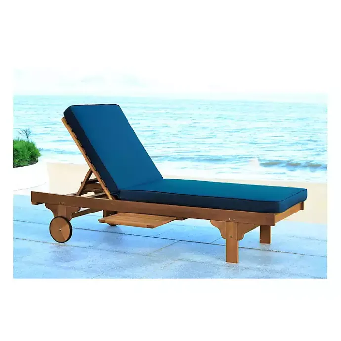 New Kirklands Home Natural Wooden Chaise with Table and Navy Cushion Blue