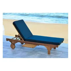 New Kirklands Home Natural Wooden Chaise with Table and Navy Cushion Blue