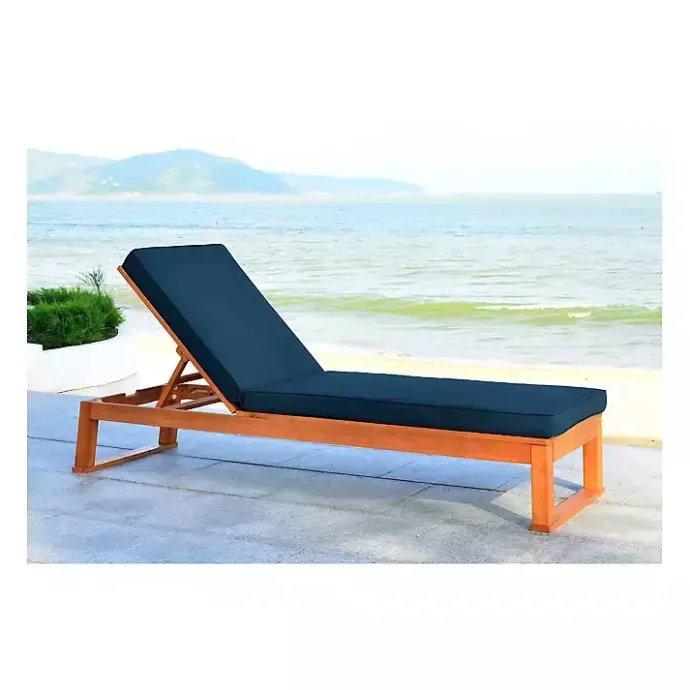 Best Kirklands Home Natural Wooden Chaise with Navy Cushion Blue