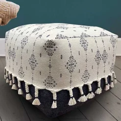 Kirklands Home Navy and Ivory Scandinavian Motif Pouf