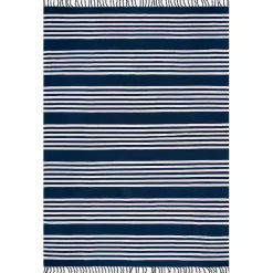 Sale Kirklands Home Navy Blue Striped Tassel Cotton Area Rug, 8x10