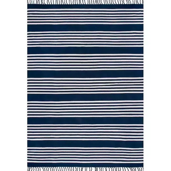Sale Kirklands Home Navy Blue Striped Tassel Cotton Area Rug, 8x10