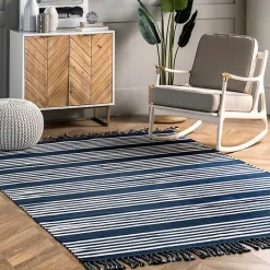 Sale Kirklands Home Navy Blue Striped Tassel Cotton Area Rug, 8x10