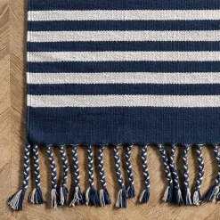 Sale Kirklands Home Navy Blue Striped Tassel Cotton Area Rug, 8x10