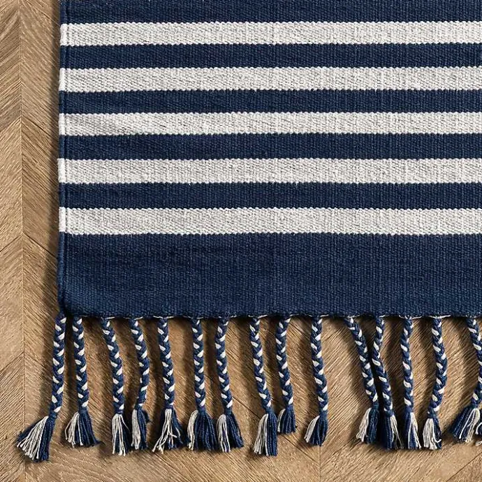 Sale Kirklands Home Navy Blue Striped Tassel Cotton Area Rug, 8x10