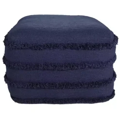 New Kirklands Home Navy Tufted Stripe Cotton Square Pouf Blue