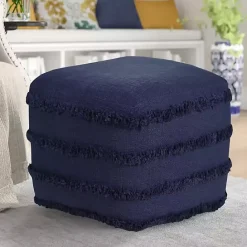 New Kirklands Home Navy Tufted Stripe Cotton Square Pouf Blue