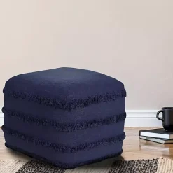 New Kirklands Home Navy Tufted Stripe Cotton Square Pouf Blue