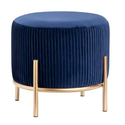 Kirklands Home Navy Velvet Upholstered Round Ottoman Blue