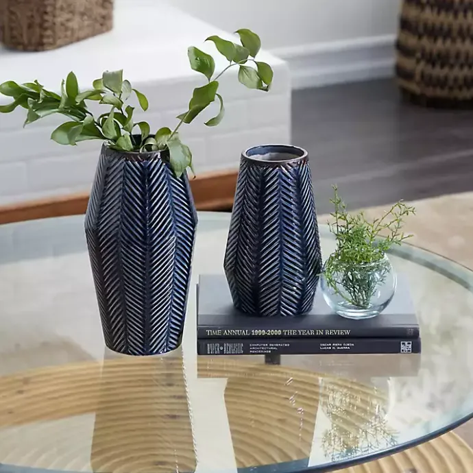Hot Kirklands Home Navy Carved Chevron Ceramic Vases, Set of 2 Blue